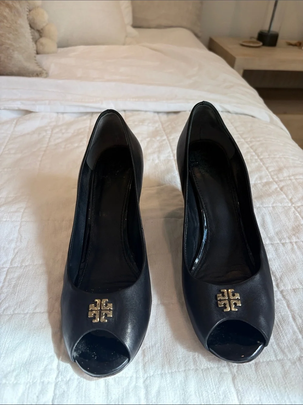 Tory Burch Black Peep-Toe Leather Pumps with Gold Logo